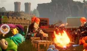 An image from the game Palworld, showing two people sitting around a campfire with other creatures sitting and snoozing around it.