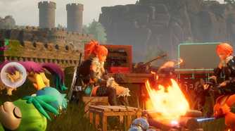 An image from the game Palworld, showing two people sitting around a campfire with other creatures sitting and snoozing around it.