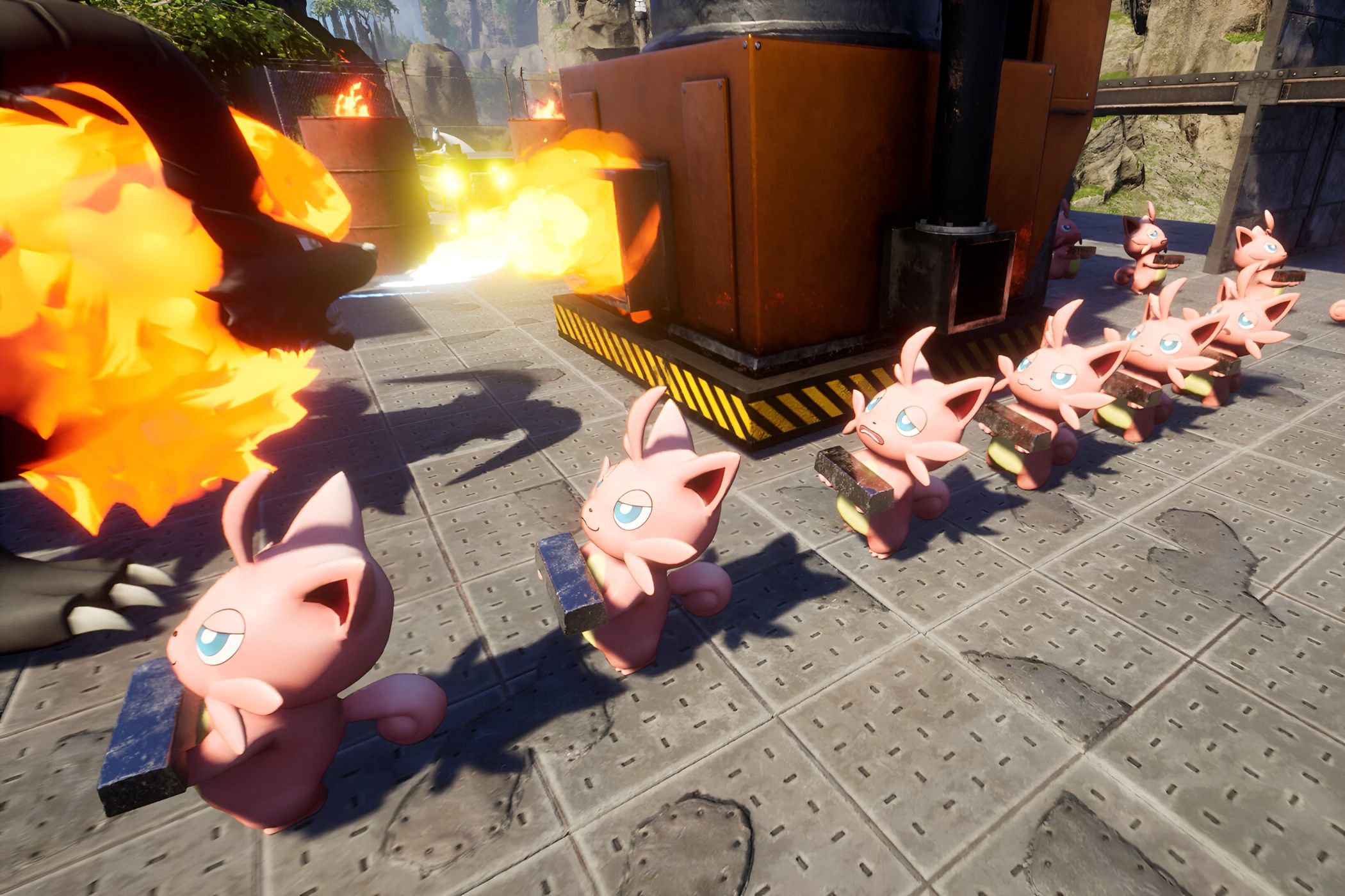 An image from the game Palworld, showing tiny pink creatures working in a factory while walking in a single file.