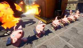 An image from the game Palworld, showing tiny pink creatures working in a factory while walking in a single file.