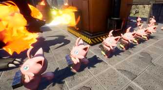 An image from the game Palworld, showing tiny pink creatures working in a factory while walking in a single file.