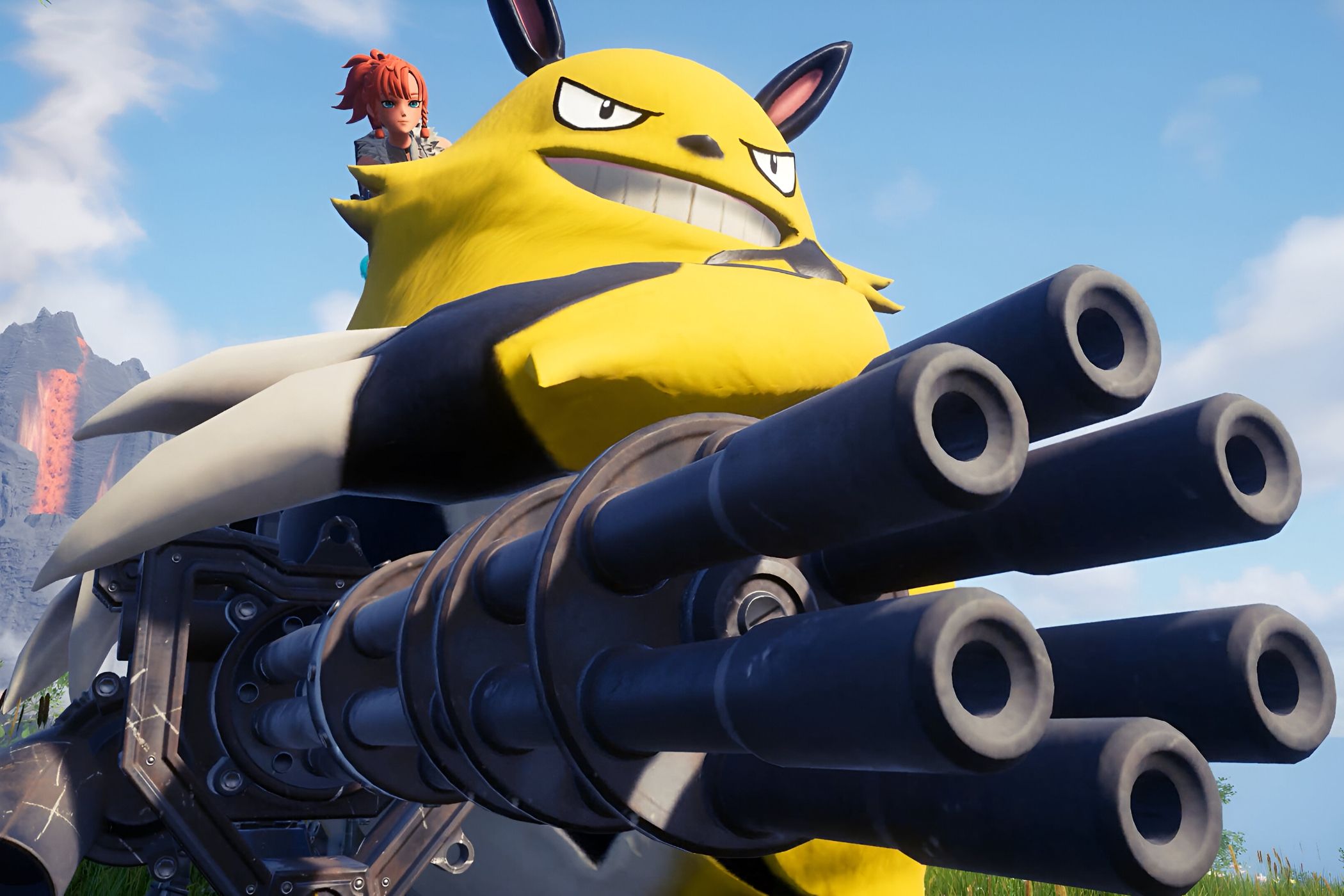 A pal holding a mini gun with a player on its back