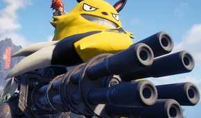 A pal holding a mini gun with a player on its back