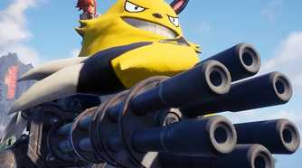 A pal holding a mini gun with a player on its back