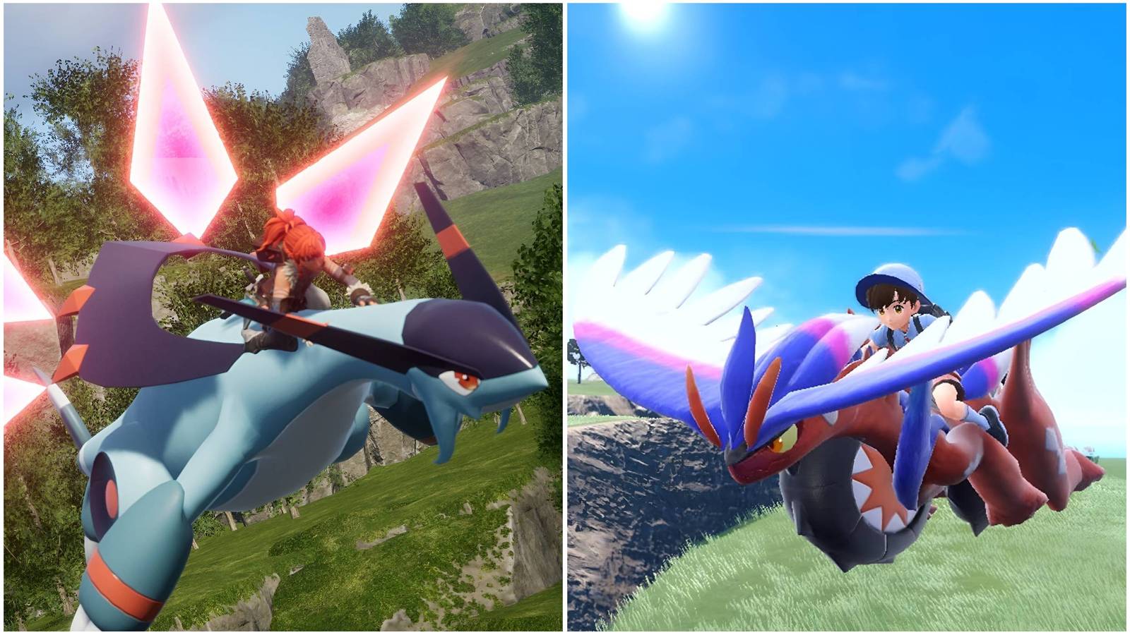 An image of a player atop a Pal in Palworld on the left, with an image of a player riding atop an airborne Pokemon on the right.