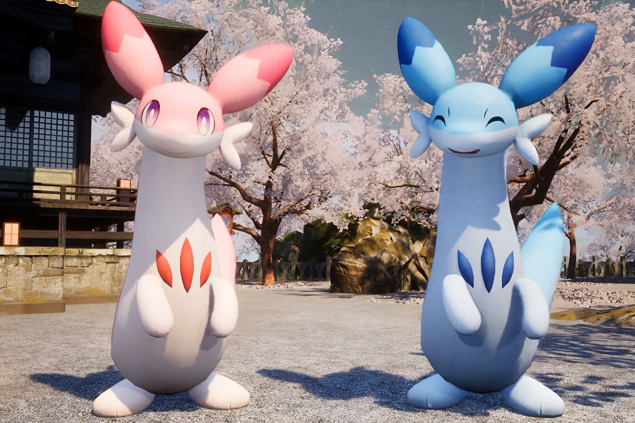 An image from the game Palworld, showing a pink and blue creature standing beside each other with cherry blossoms in the background.