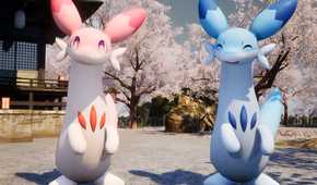 An image from the game Palworld, showing a pink and blue creature standing beside each other with cherry blossoms in the background.