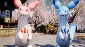 An image from the game Palworld, showing a pink and blue creature standing beside each other with cherry blossoms in the background.
