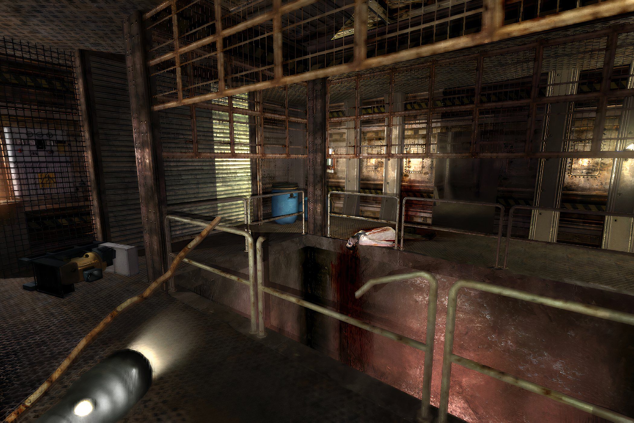 An in-game screenshot from the game Penumbra: Black Plague, showing a metal hallway with railings.