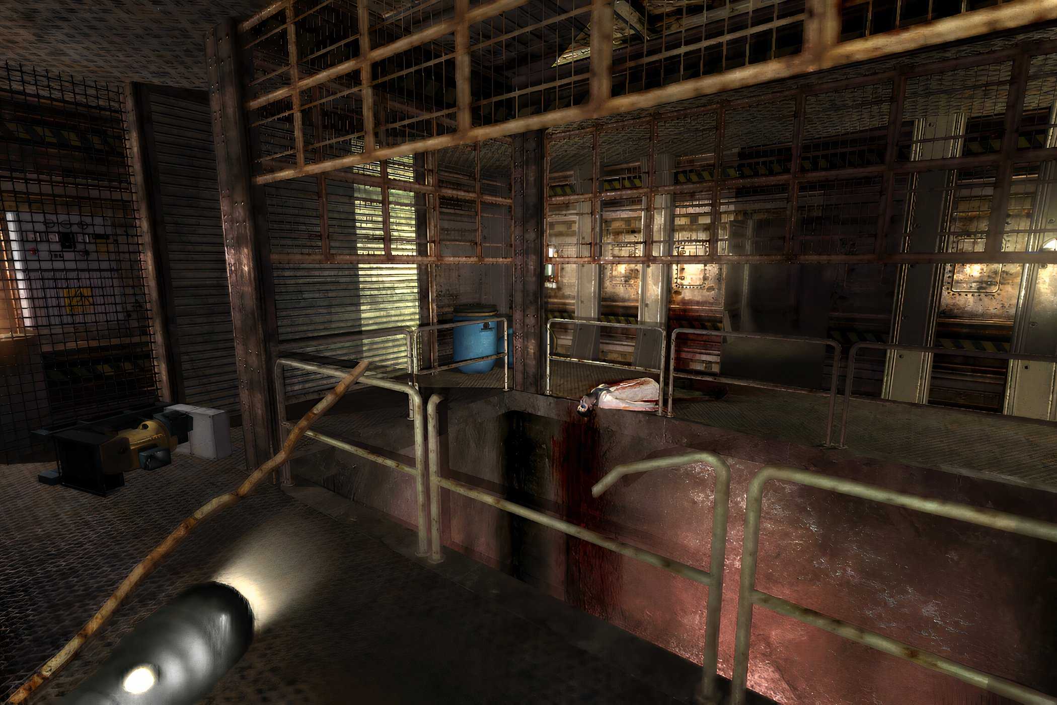 An in-game screenshot from the game Penumbra: Black Plague, showing a metal hallway with railings.