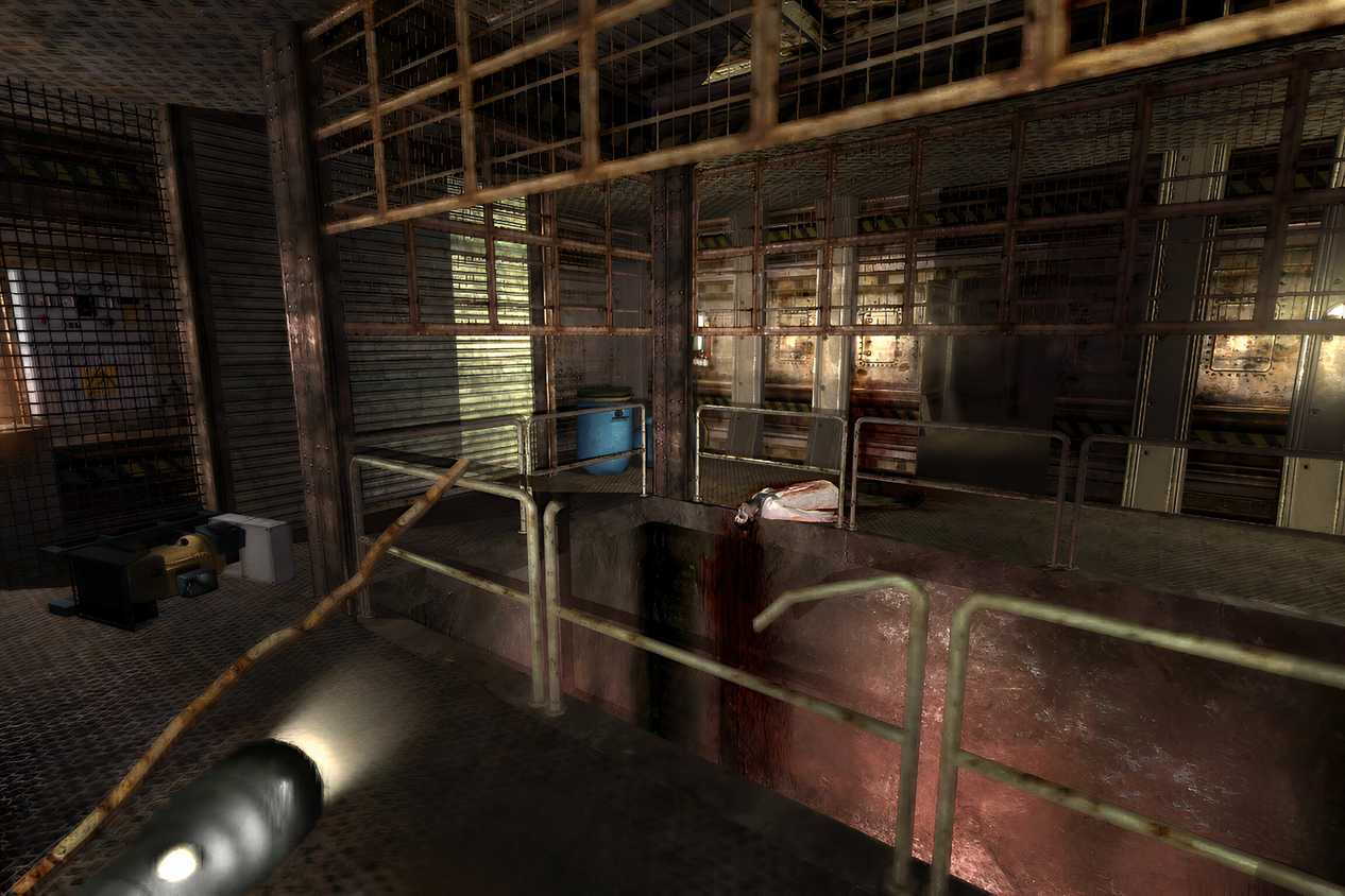 An in-game screenshot from the game Penumbra: Black Plague, showing a metal hallway with railings.