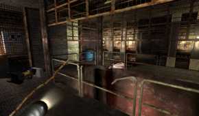 An in-game screenshot from the game Penumbra: Black Plague, showing a metal hallway with railings.