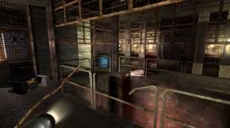An in-game screenshot from the game Penumbra: Black Plague, showing a metal hallway with railings.
