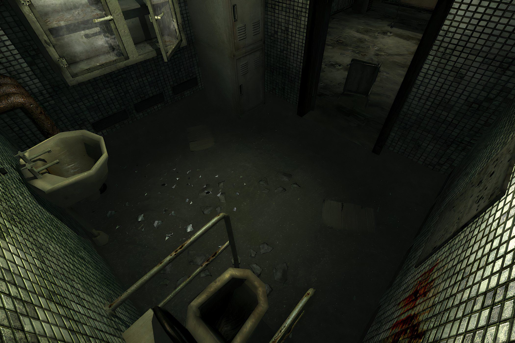An in-game screenshot from the game Penumbra: Black Plague, showing a dirty washroom.