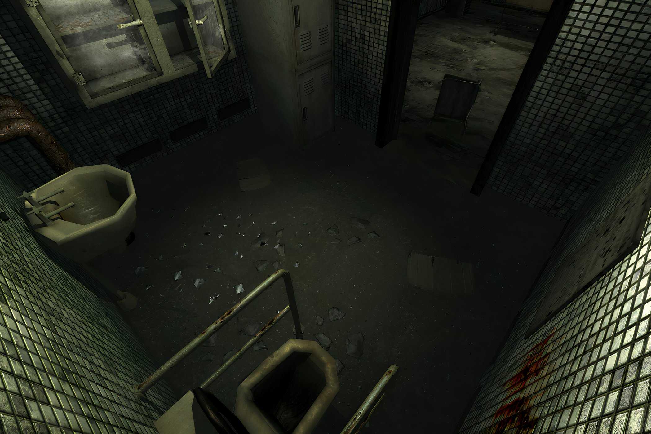 An in-game screenshot from the game Penumbra: Black Plague, showing a dirty washroom.
