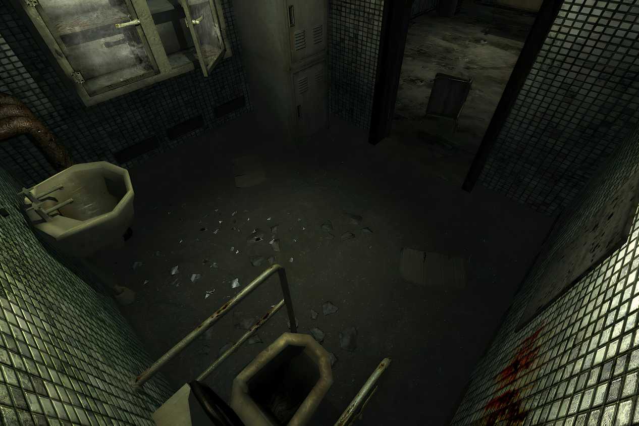 An in-game screenshot from the game Penumbra: Black Plague, showing a dirty washroom.