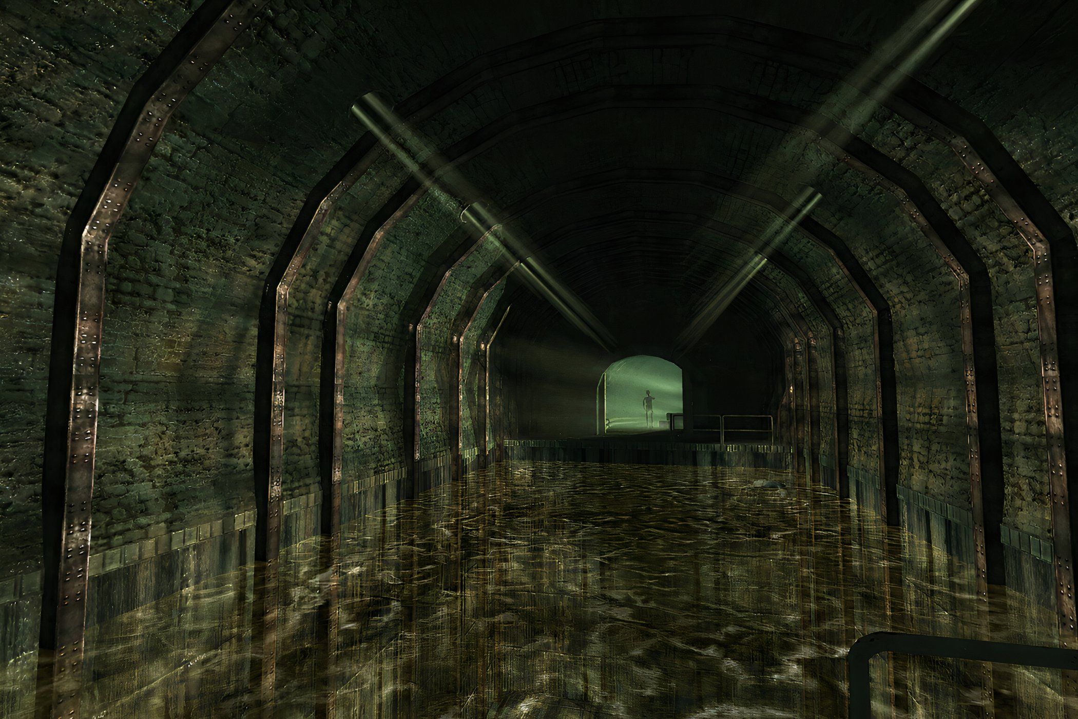 An in-game screenshot from the game Penumbra: Black Plague, showing an underground halway with knee-deep water.