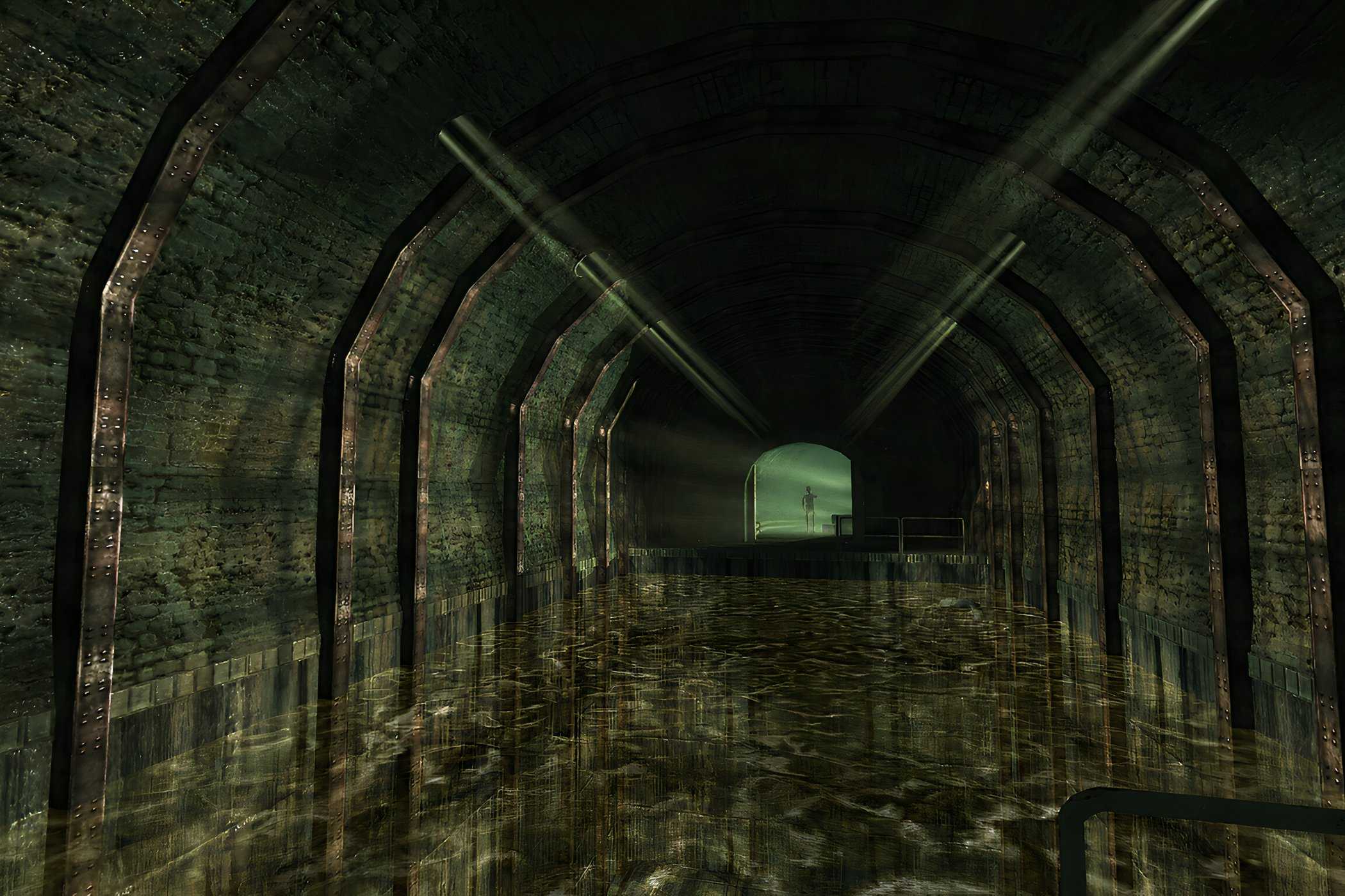 An in-game screenshot from the game Penumbra: Black Plague, showing an underground halway with knee-deep water.