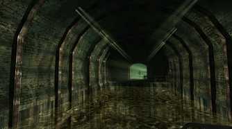 An in-game screenshot from the game Penumbra: Black Plague, showing an underground halway with knee-deep water.