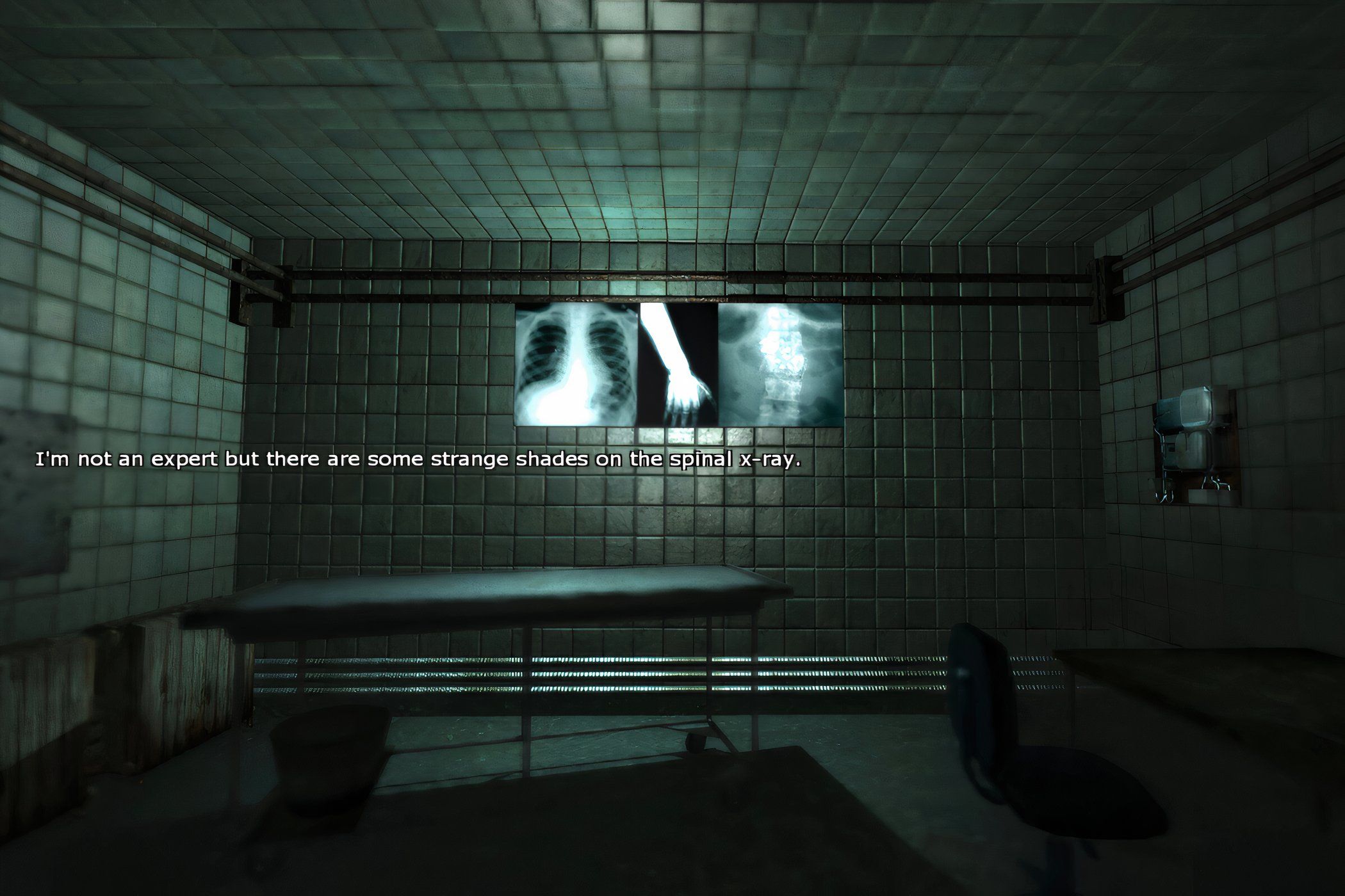 An in-game screenshot from the game Penumbra: Black Plague, showing a tiled medical rom wth a stretcher and some x-rays stuck on the wall.