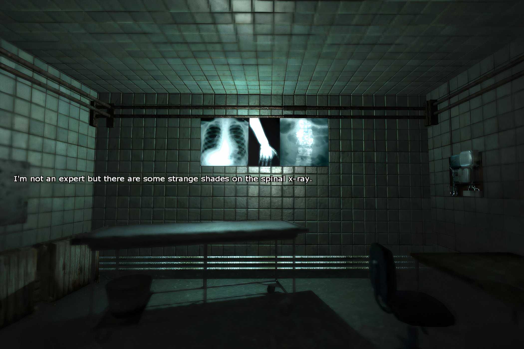 An in-game screenshot from the game Penumbra: Black Plague, showing a tiled medical rom wth a stretcher and some x-rays stuck on the wall.