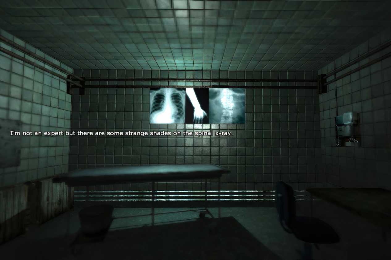 An in-game screenshot from the game Penumbra: Black Plague, showing a tiled medical rom wth a stretcher and some x-rays stuck on the wall.