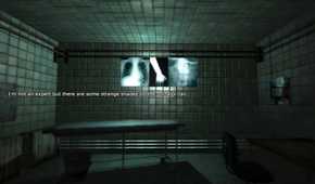 An in-game screenshot from the game Penumbra: Black Plague, showing a tiled medical rom wth a stretcher and some x-rays stuck on the wall.