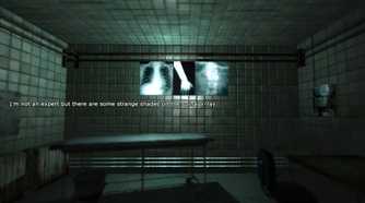 An in-game screenshot from the game Penumbra: Black Plague, showing a tiled medical rom wth a stretcher and some x-rays stuck on the wall.