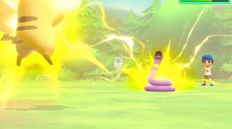 An image from the game Let's Go Pikachu!, showing Pokemon zap Ekans with an electric attack.