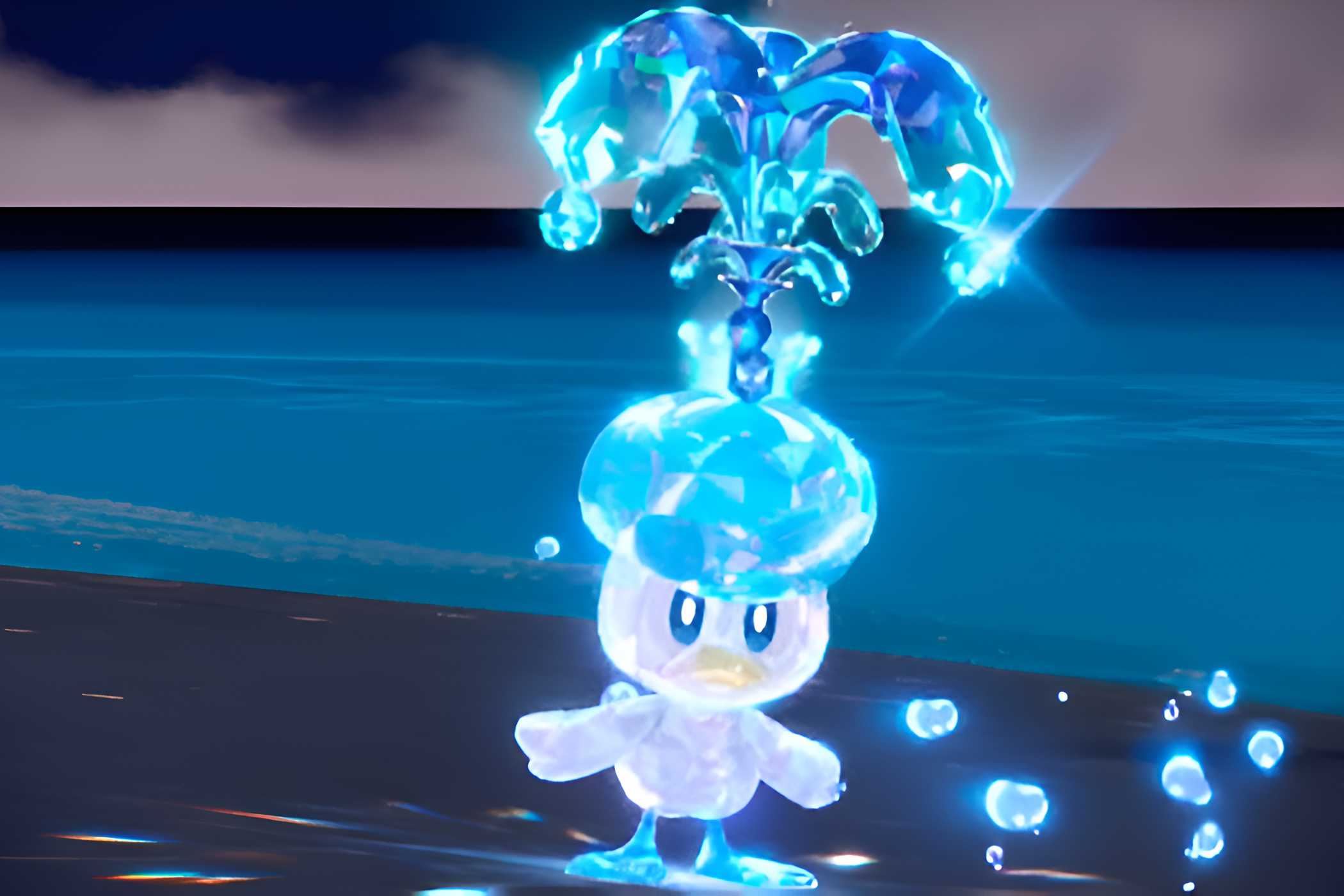 An image from the game Pokemon Scarlet and Violet, showing Quaxly the pokemon.