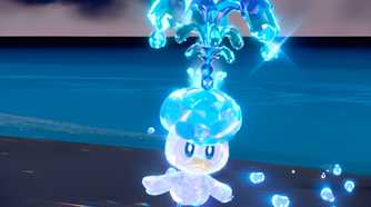 An image from the game Pokemon Scarlet and Violet, showing Quaxly the pokemon.