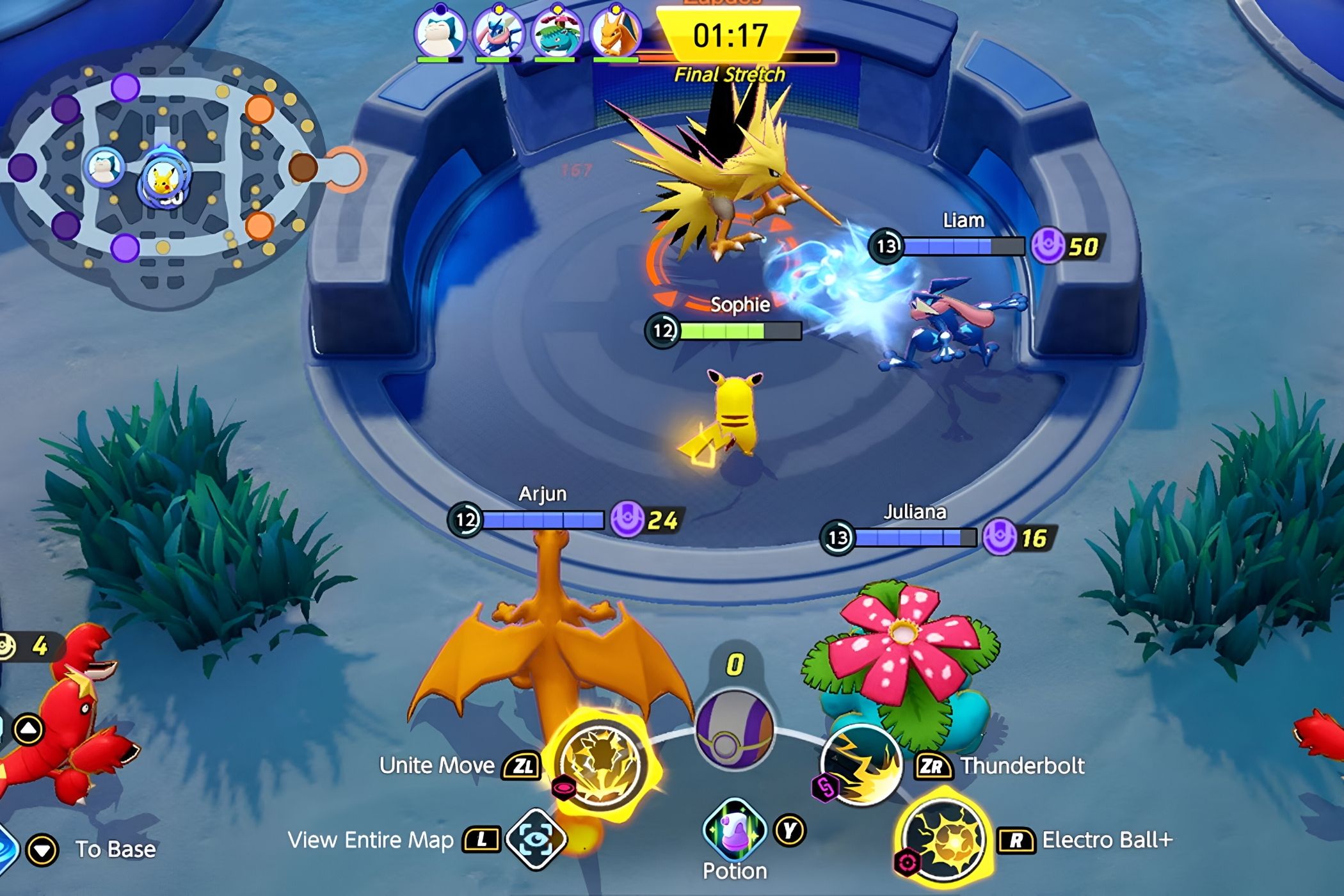 An image from the game Pokemon Unite, showing combat between different Pokemon.