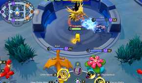 An image from the game Pokemon Unite, showing combat between different Pokemon.