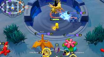 An image from the game Pokemon Unite, showing combat between different Pokemon.