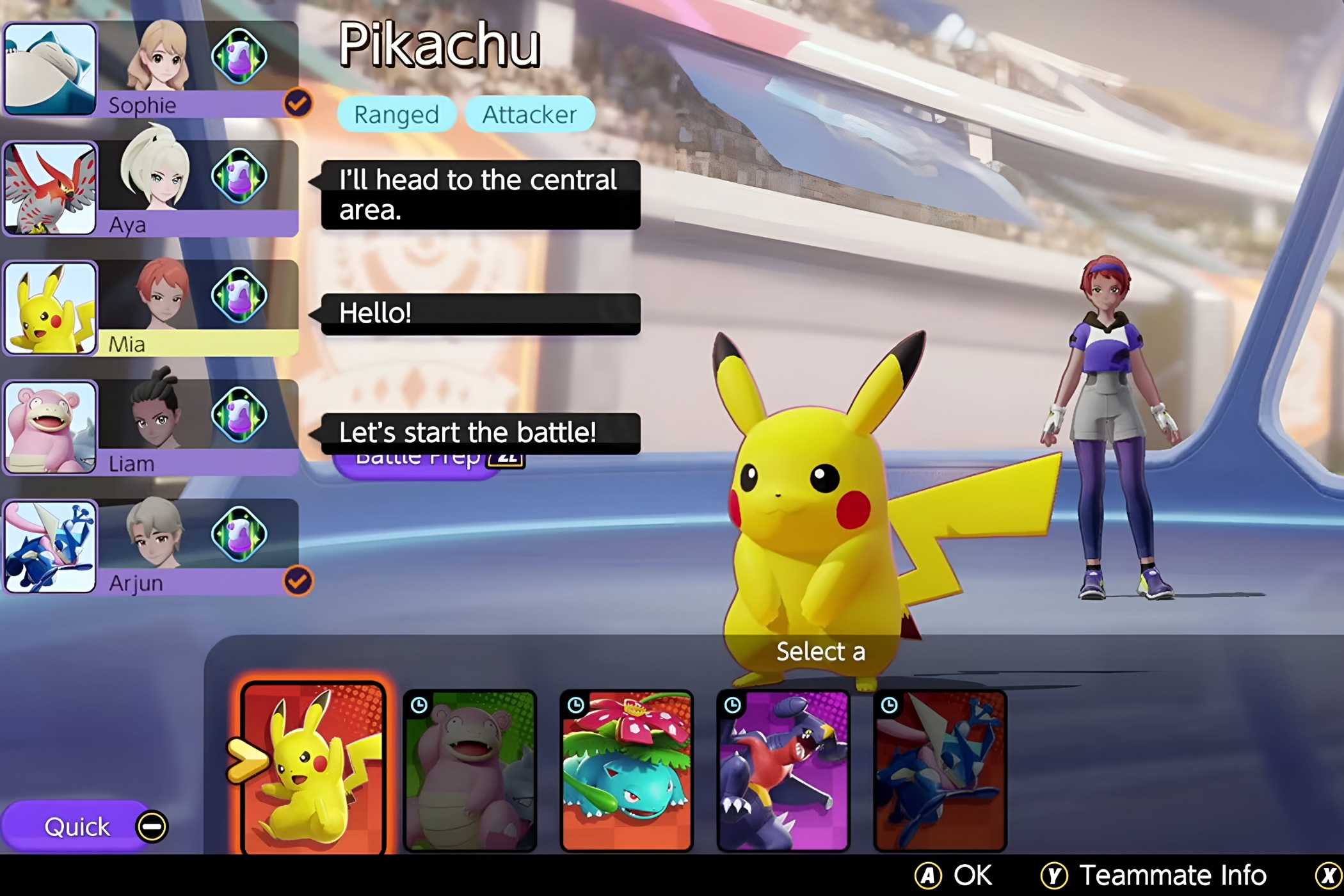 An image from the game Pokemon Unite, showing Pikachu in a turn-based combat encounter.