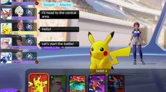 An image from the game Pokemon Unite, showing Pikachu in a turn-based combat encounter.