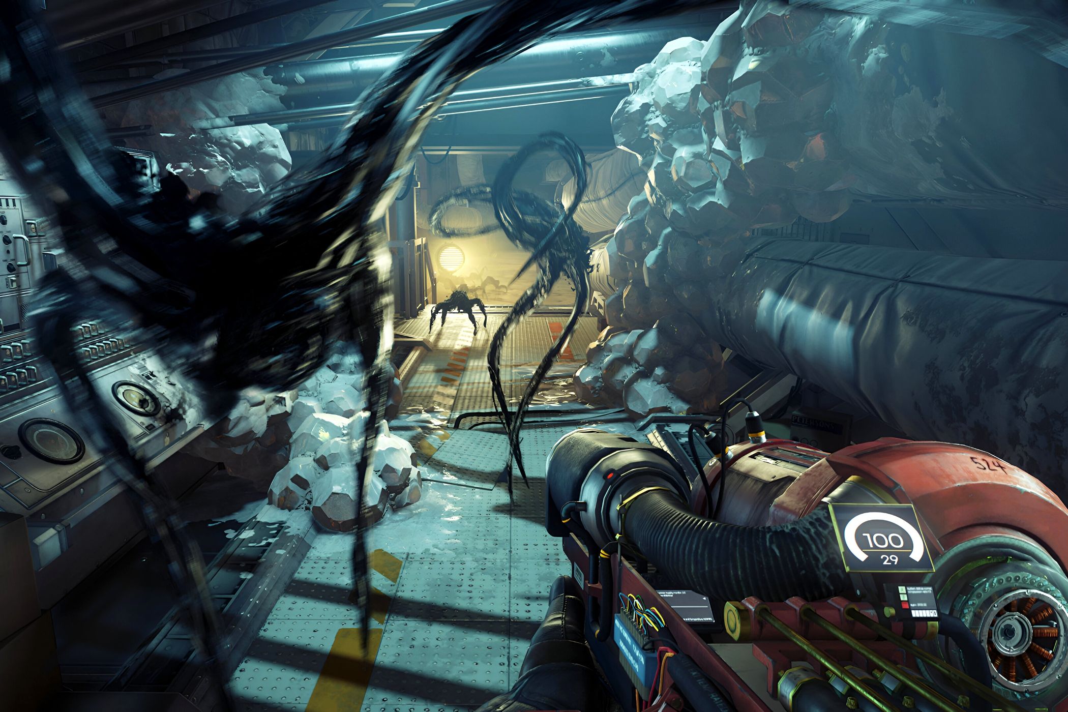 An image from the 2017 game Prey, showing lithe aliens called Mimics.