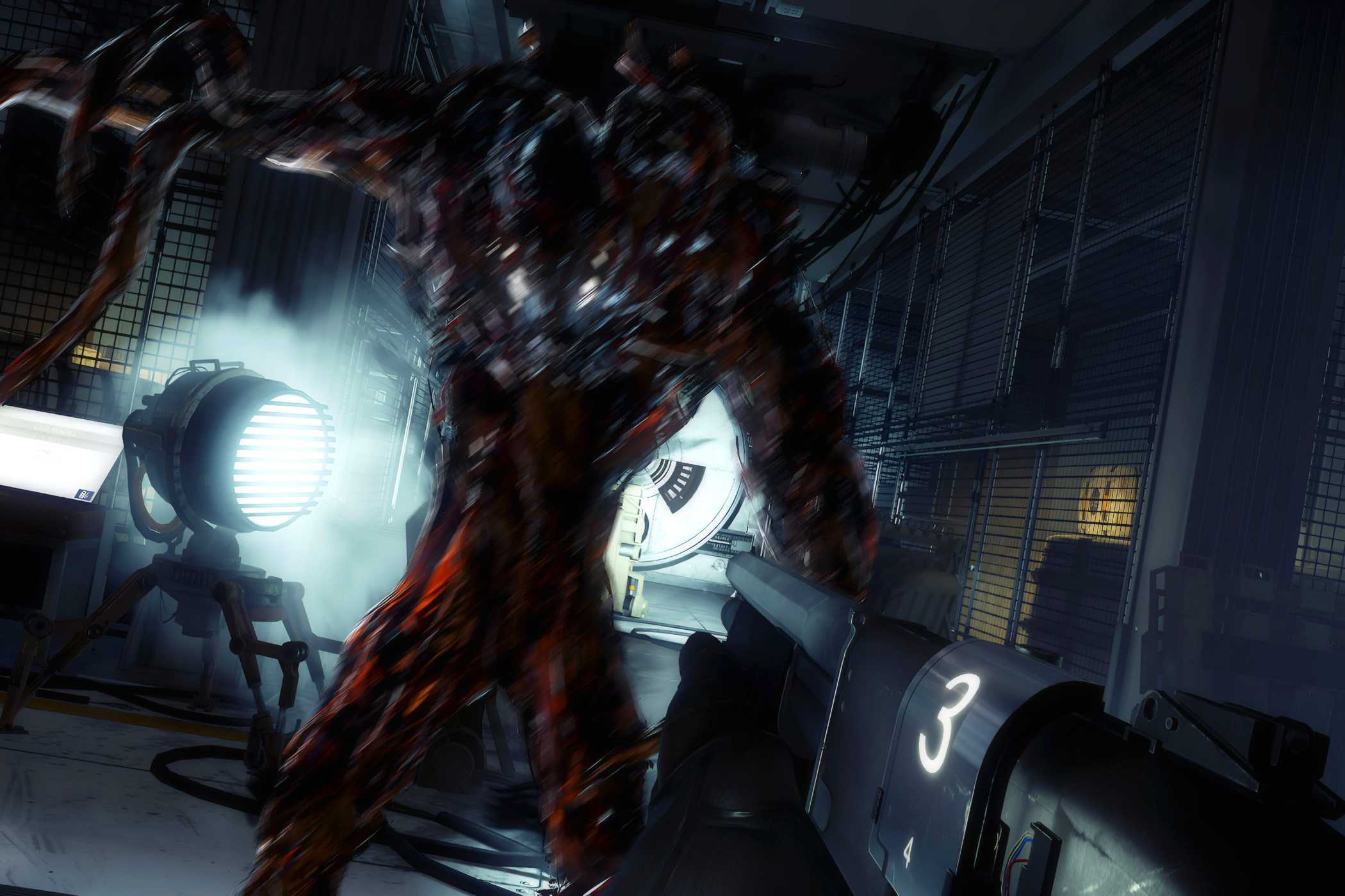 An image from the 2017 game Prey, showing a huge hostile alien charging at the player.