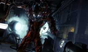 An image from the 2017 game Prey, showing a huge hostile alien charging at the player.
