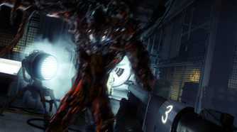 An image from the 2017 game Prey, showing a huge hostile alien charging at the player.
