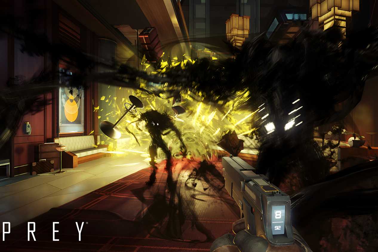 An image from the 2017 game Prey, showing multiple Mimic aliens charging at the player.
