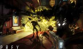 An image from the 2017 game Prey, showing multiple Mimic aliens charging at the player.