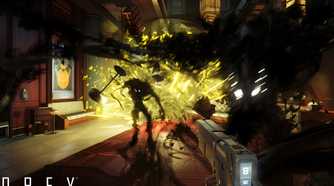 An image from the 2017 game Prey, showing multiple Mimic aliens charging at the player.