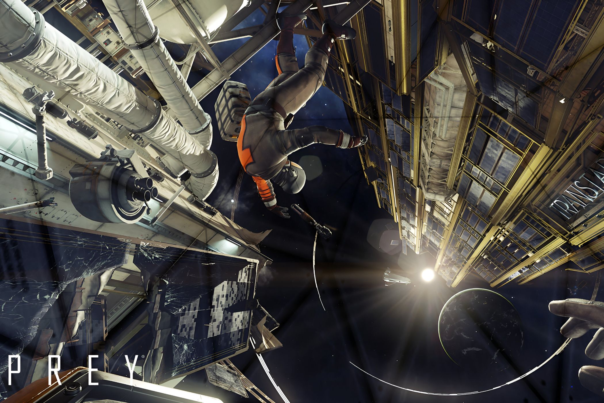 An image from the 2017 game Prey, showing an astronaut flaoting in space next to a space station.