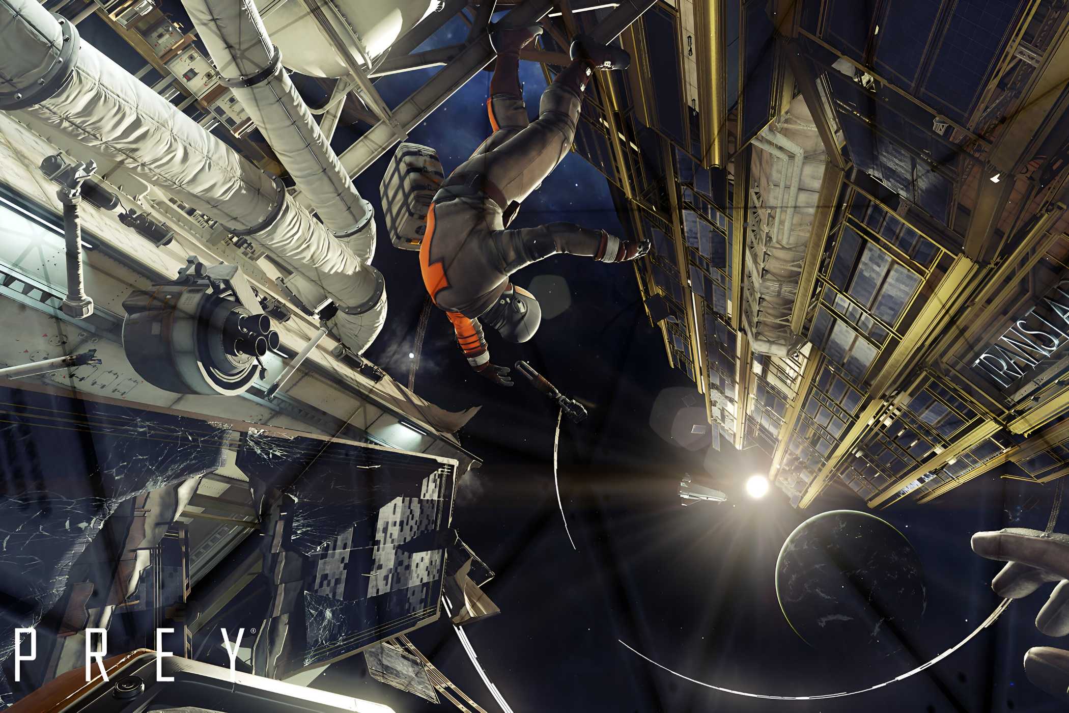 An image from the 2017 game Prey, showing an astronaut flaoting in space next to a space station.