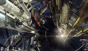 An image from the 2017 game Prey, showing an astronaut flaoting in space next to a space station.