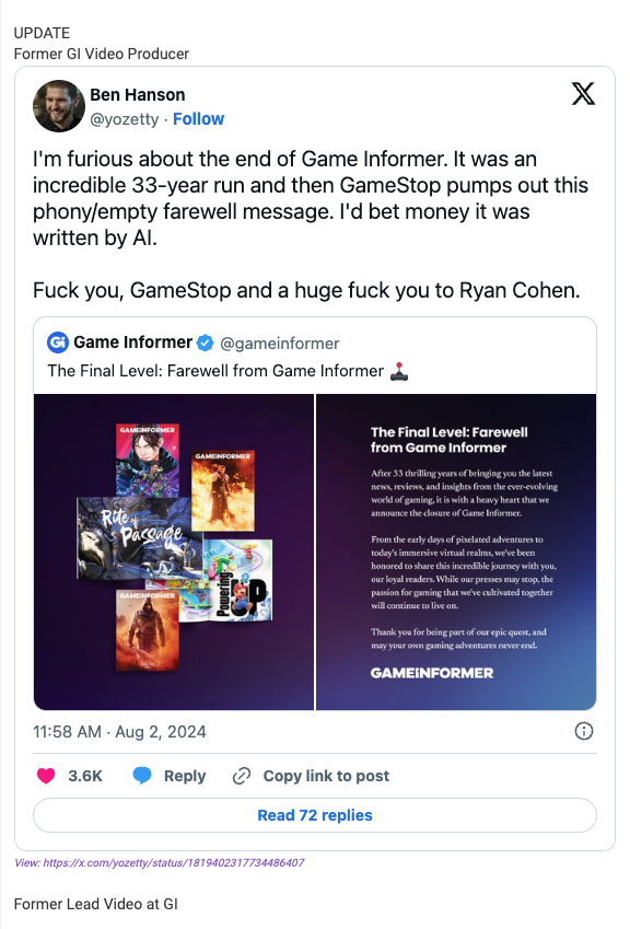 Ben Hanson, former Lead Video at Game Informer, reacts to website farewell page
