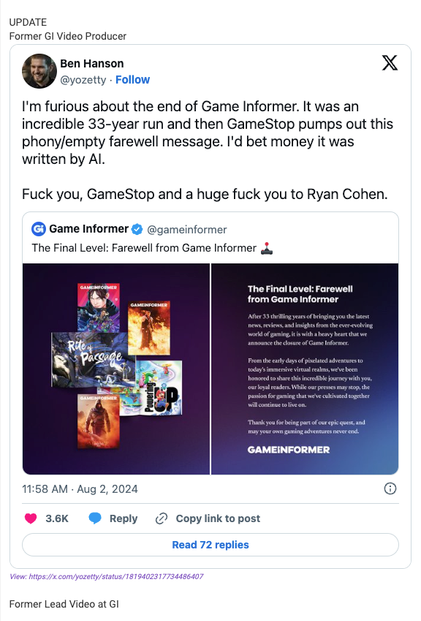 Ben Hanson, former Lead Video at Game Informer, reacts to website farewell page