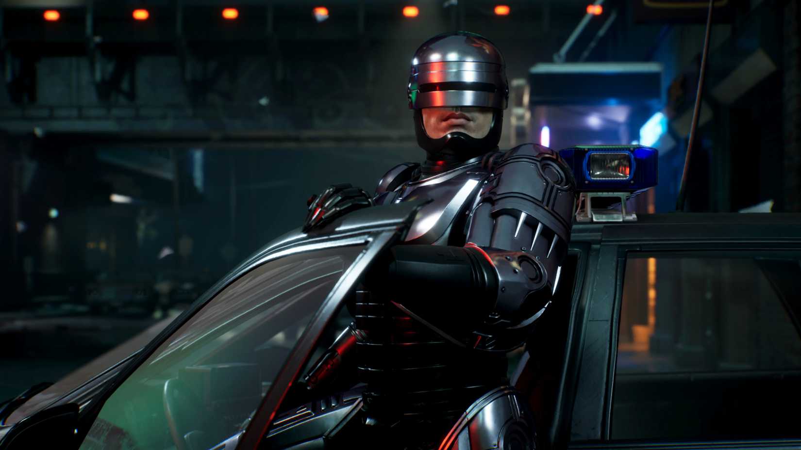 Screenshot from RoboCop: Rogue City video game of main character RoboCop exiting a car.