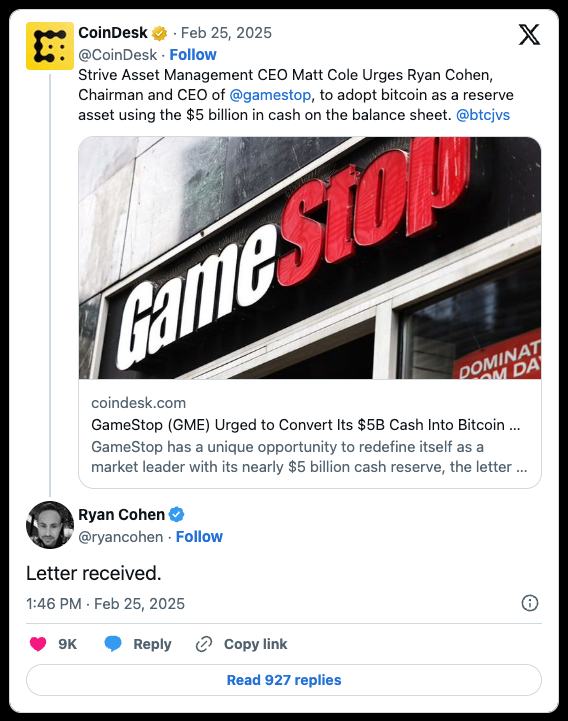 Ryan Cohen responding to post about GameStop crypto investment on Twitter